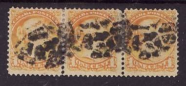 Canada-Sc#35-used 1c strip of 3 small queens-unusual cancel -