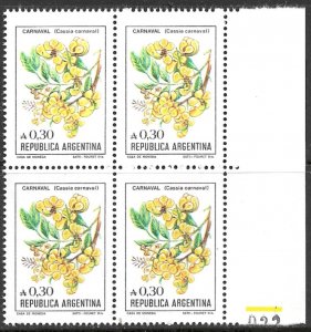 ARGENTINA 1985-88 30c Cassia Carnaval Flower Issue Block of 4 Sc 1522 MNH