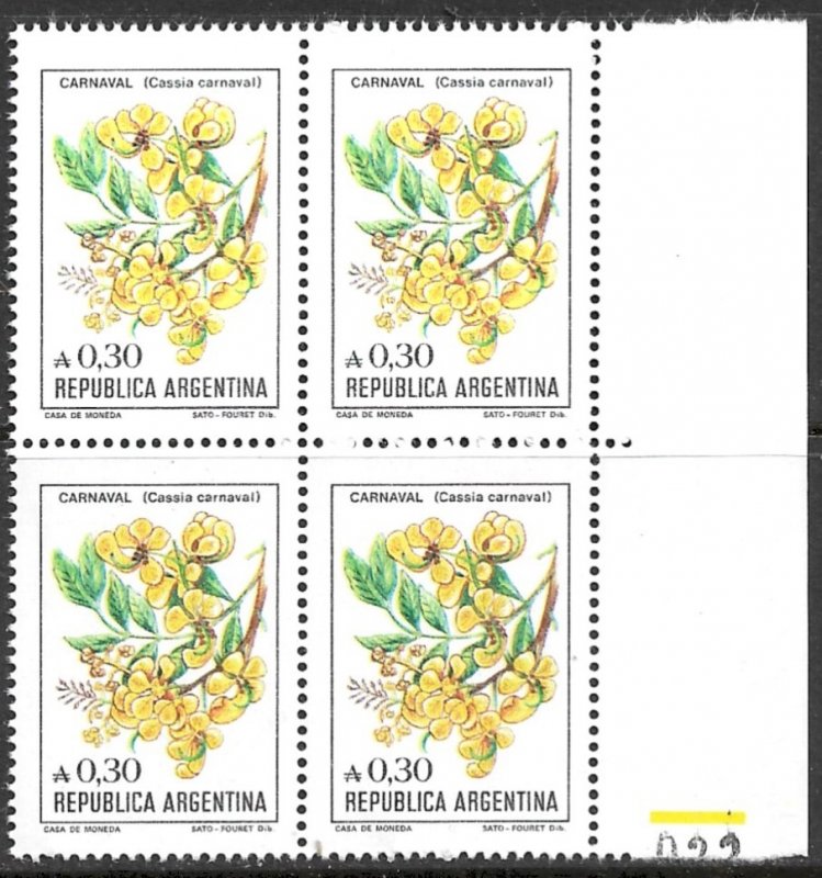 ARGENTINA 1985-88 30c Cassia Carnaval Flower Issue Block of 4 Sc 1522 MNH