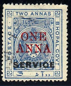 Bhopal #o27 Official Stamp. Service Ovpt. and Surcharge in Red, 1935. HM