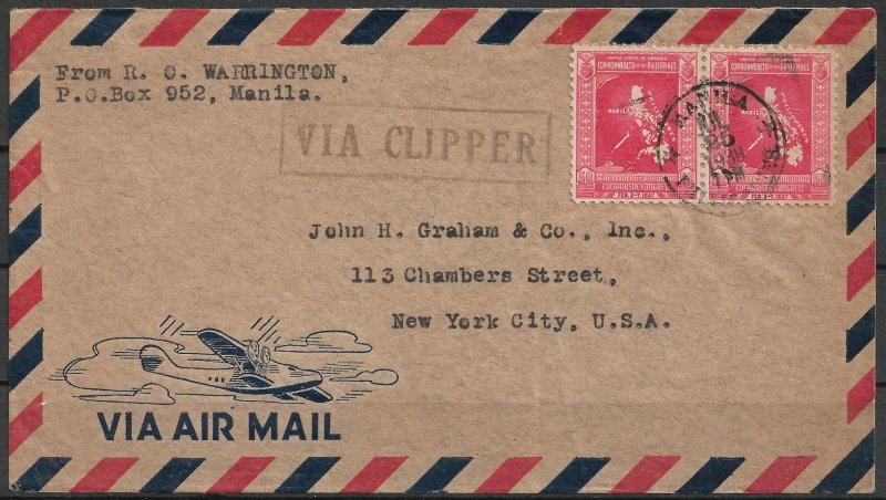 PHILIPPINES - 1938 CLIPPER AIRMAIL COVER to USA - 50c x 2 Eucharistic Congress c