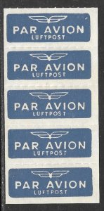 NORWAY c1950s AIRMAIL LABEL / ETIQUETTE STRIP OF 5 Mint NH