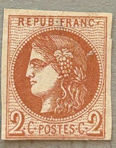 France 39 / 1870 2c Imperf Ceres Stamp / Unused Hinged / Small Scuff Near Head