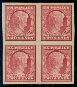 US #368 2¢ Lincoln, Imperforate Block of 4, og, NH, XF, Scott $175.00