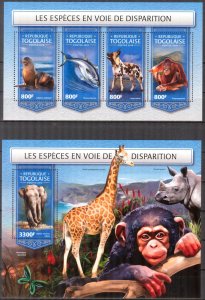 Togo 2018 Endangered Species Fishes Hyenas Seals Elephants  sheet + S/S MNH