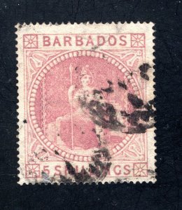 Barbados #43    VF, Used, 5sh Dull Rose,  CV $375.00 ....  0480024