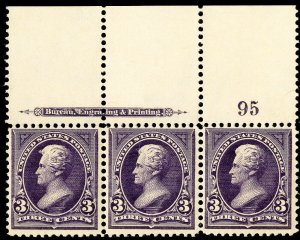 US Stamps # 268 MNH VF/XF Mint state strip of 3 w/plate # Scott Value $400.00