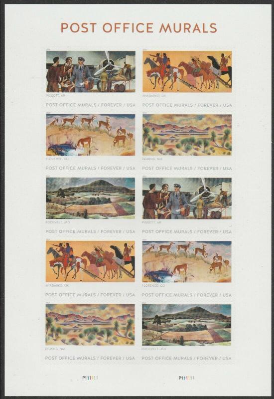 US 5372-5376 5376a Post Office Murals forever sheet (10 stamps) MNH 2019