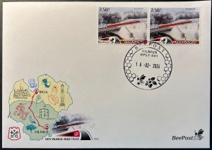 Lithuania Litauen 2024 New train Vilnius-Riga BeePost strip of 2 stamps FDC