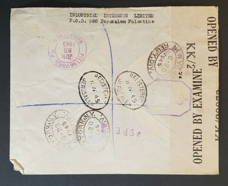 1945 Palestine to Pittsburgh PA Registered Censorship Commercial Air Mail Cover