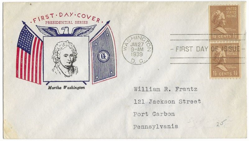 1939 Prexie Coil FDC, #849, 1-1/2c Martha Washington, Fidelity P-5, pair