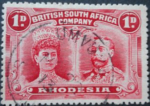 Rhodesia Double Head 1d with Umvuma Month Day (Skeleton) postmark