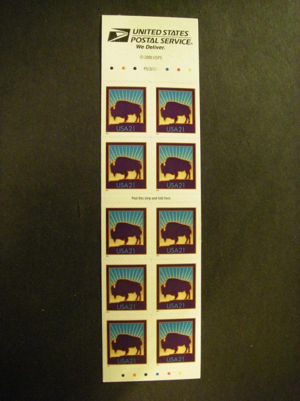 Scott 3484Aj, 21c Bison, #P555555, Pane of 10, Combo die cut