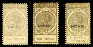 South Australia #90b-92aS, 1886 £5, £10 and £15, three high values overpri...