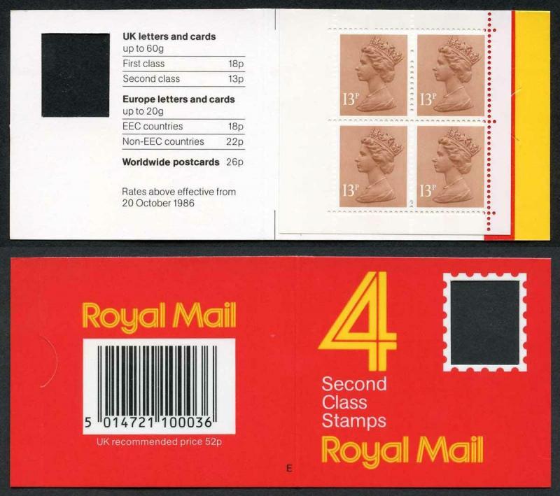 DB16(1)A 1988 52p Type 1A 4x13p CB Code E Plain Window Booklet