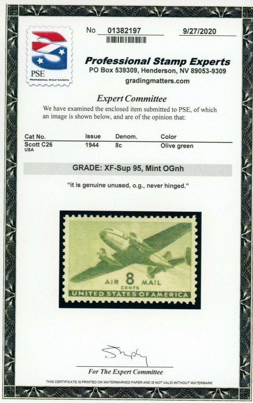 US Stamp #C26 Airplane 8c, PSE Cert - XF-SUP 95 - Mint OGNH - SMQ $45.00 