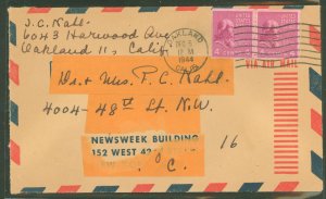 US 843 1944 two 4c Madison (presidential/prexy series) coils franked this reused newsweek envelope to pay 8c airmail fees on thi