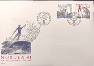 D)1991, SWEDEN, FIRST DAY COVER, ISSUE, NORDEN, POLAR BEAR, BOTTLE-NOSED