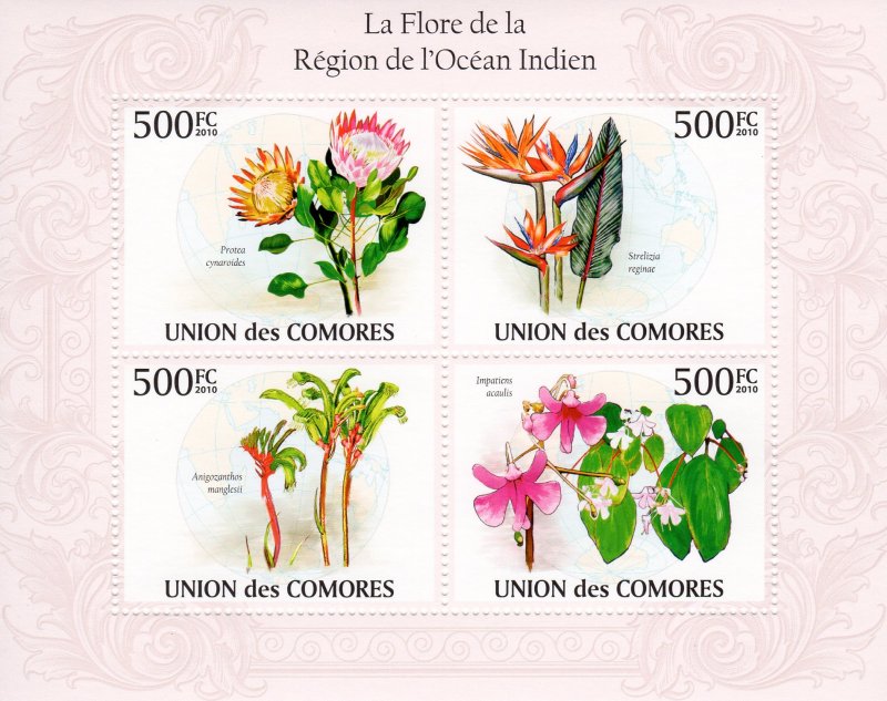 COMORO ISLANDS 2010 YT#1959/1962 FLOWERS OF THE INDIAN OCEAN Sheetlet (4) MNH