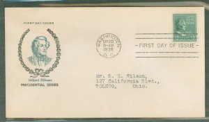 US 818 1938 13c Millard Fillmore (presidential/prexy series) single on an addressed (typed) first day cover with a Fidelity cach