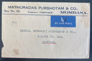 1936 Mombasa Kenya British KUT Mathuradas Commercial Airmail Cover To Zanzibar