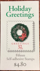 US #3248a (3245-48) MNH Booklet Pane of 4 Christmas Wreaths SCV $13.00 L42