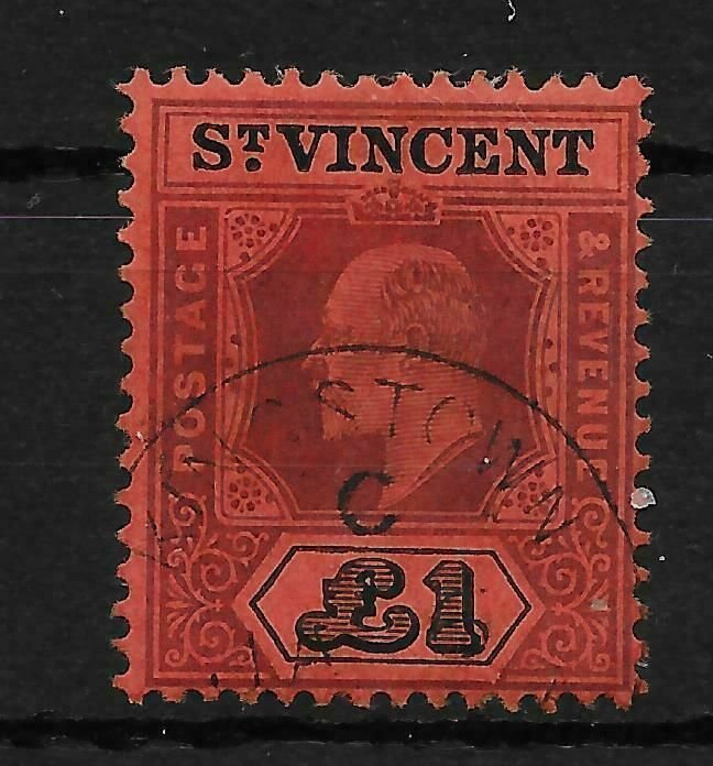 ST.VINCENT SG93 1911 £1 PURPLE & BLACK ON RED USED