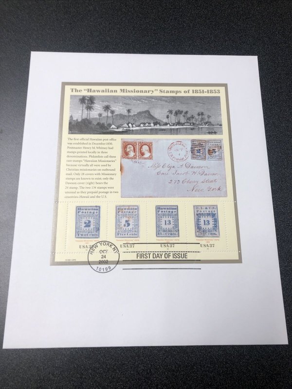 US 3694 Hawaiian Missionary Stamp First Day Of Issue Souvenir Sheet 2002