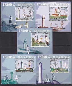 Sao Tome and Principe 2009 Lighthouses Birds 5 S/Sheets Deluxe Edition MNH