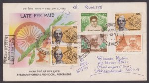 INDIA 1999 REGISTERED COVER  WITH FREEDOM FIGHTER STAMPS & LATE FEE PAID STAMPED