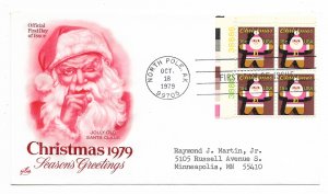 US 1800 15c Christmas Santa Claus pl# blk4 on FDC Artcraft Cachet ECV $12.50