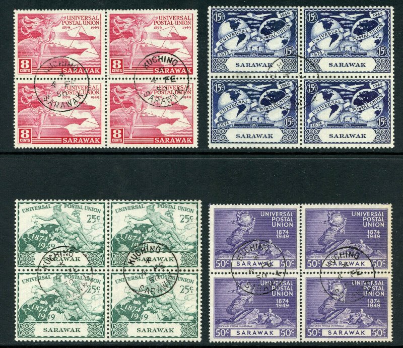 Sarawak 1949 KGVI UPU complete set in VFU blocks. SG 167-170. Sc 176-179. 