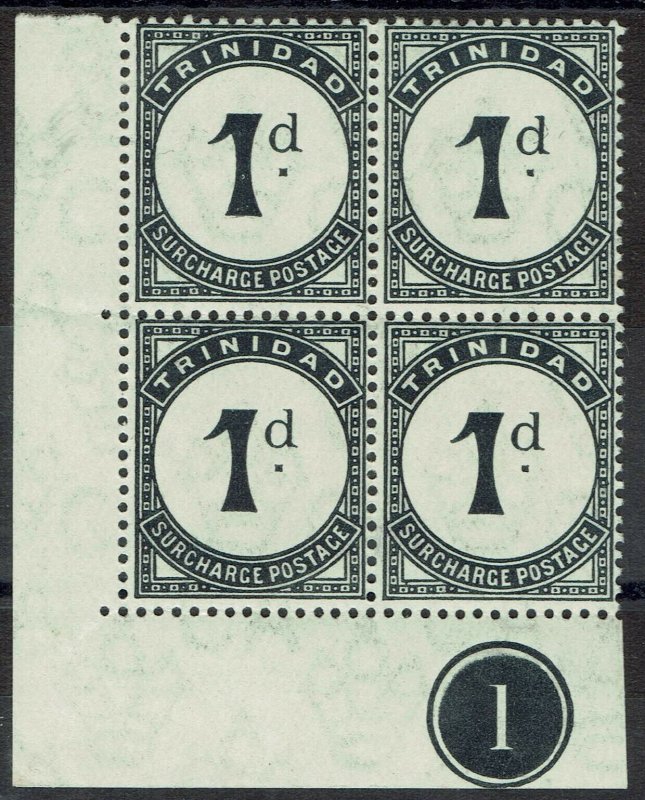 TRINIDAD 1905 POSTAGE DUE 1D PLATE 1 BLOCK */** WMK MULTI CROWN CA