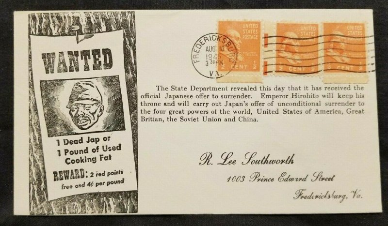 1945 WWII Illustrated Japanese Surrender Cachet Cover Fredericksburg VA