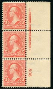 UNITED STATES 2c WASHINGTON RIGHT PLATE STRIP(3)  SCOTT#267a  MINT NH