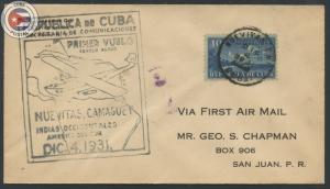 Cuba 1931 First Flight Cover Nuevitas - Puerto Rico | Edifil E105 | CU8103