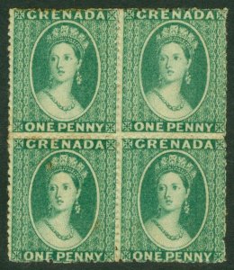 SG 4 Grenada 1863-71. 1d green block of 4. Mounted mint, few tone spots...