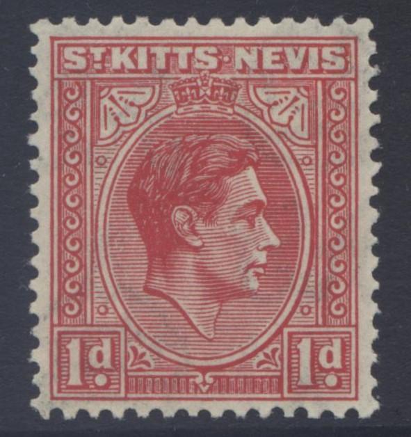 St. KITTS-NEVIS-Scott 80- KGVI-1938- MVLH -WMK 4- Carmine -Single 1p Stamp1