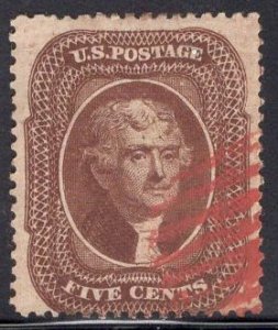 US Stamp #30A 5c Jefferson USED w/ +$75 Red Cancel SSCV $355