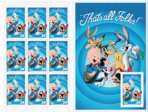 Scott #3535 Porky Pig That's All Folks Sheet of 10 Stamps - MNH Imperf