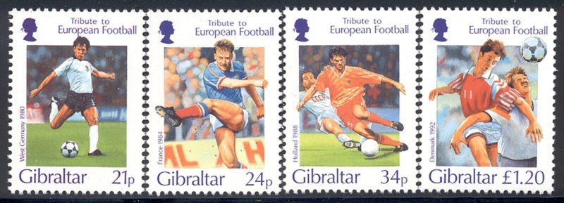 Gibraltar - 1996 - Set of 4 depicting soccer #707-10 cv $ 5.95 Lot# 121