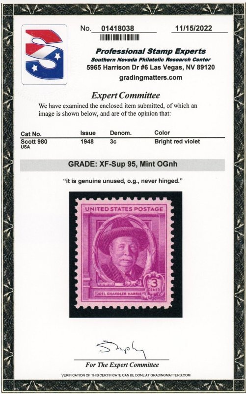 US Stamp #980 Joel Chandler Harris 3c - PSE Cert - XF-SUP 95 - MNH - SMQ $25.00 