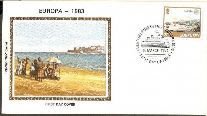 Guernsey 1983 EUROPA Tourism Beach Ship Colorano Silk Cover # 13279