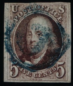 Scott #1 Red Brown - Franklin - 5c - Used Blue 5 in Circle Cancel - 1847