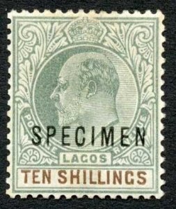 Lagos SG53 10/- Wmk Crown CA opt Specimen M/M