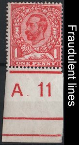 GB 1911 1d die 1b carmine A.11 single with 'fraudulent lines' in margin, sg329
