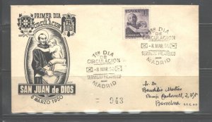 SPAIN  1950  SAN JUAN de DIOS  #771  FDC CERTIFICADO to BARCELONA