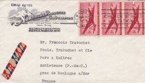 U.S. New York to Boulogne 1947 Hills Illust Triple Airmail Stamps Cover Rf 44547