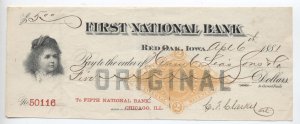 1881 RN-G1 Red Oak iowa vignetted draft First National Bank [6440.66]