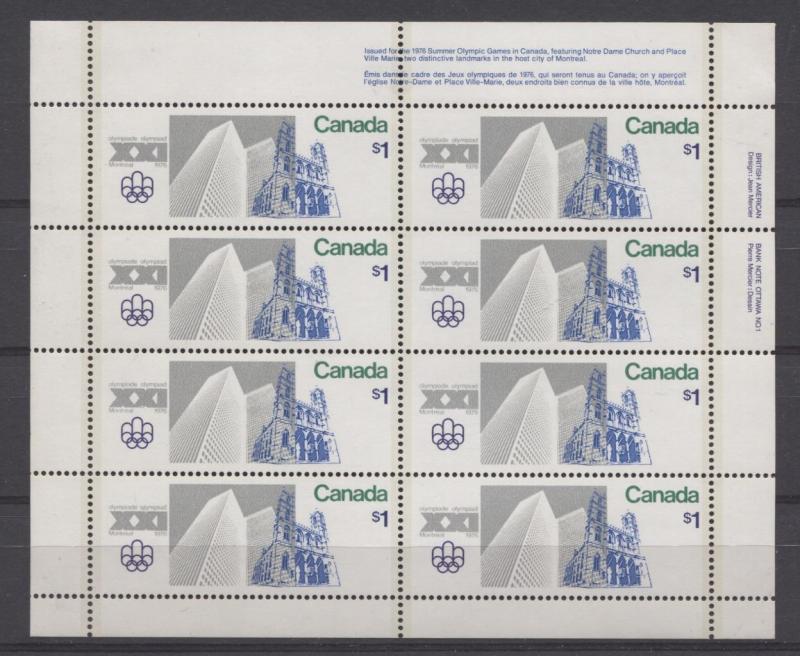 Canada #687 $1 1976 Olympic Sites UR Miniature Pane of 8 DF Paper VF-84 NH